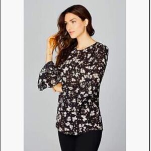 J. Jill | Women’s Black Floral Blouse with Pleated Bell Sleeves SZ L